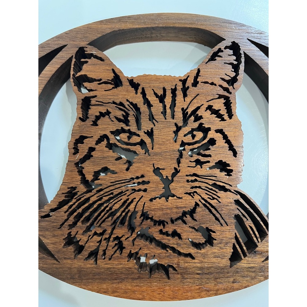 Vintage Wood Carved Cat Scroll Saw Art Cat Rustic Wall Decor Handmade Lazer
